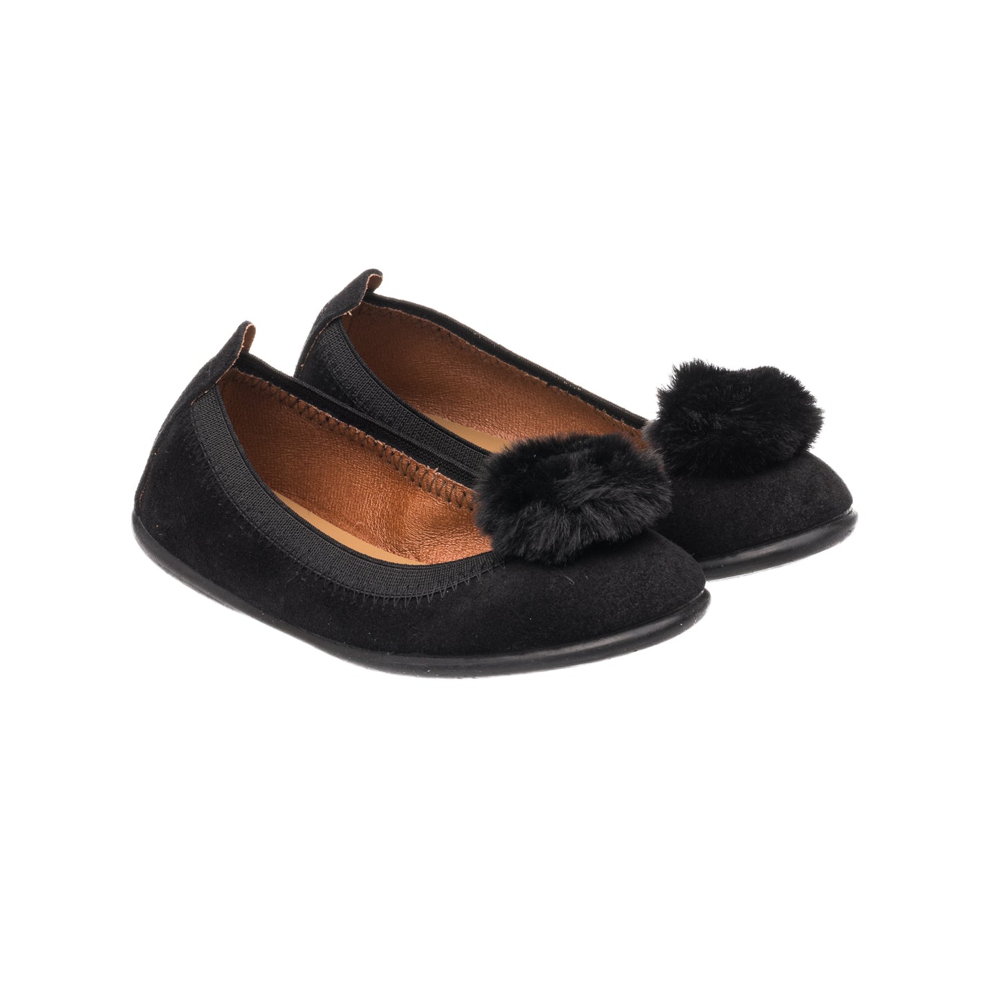Black suede ballerina flats for children with soft pom pom accents on top.