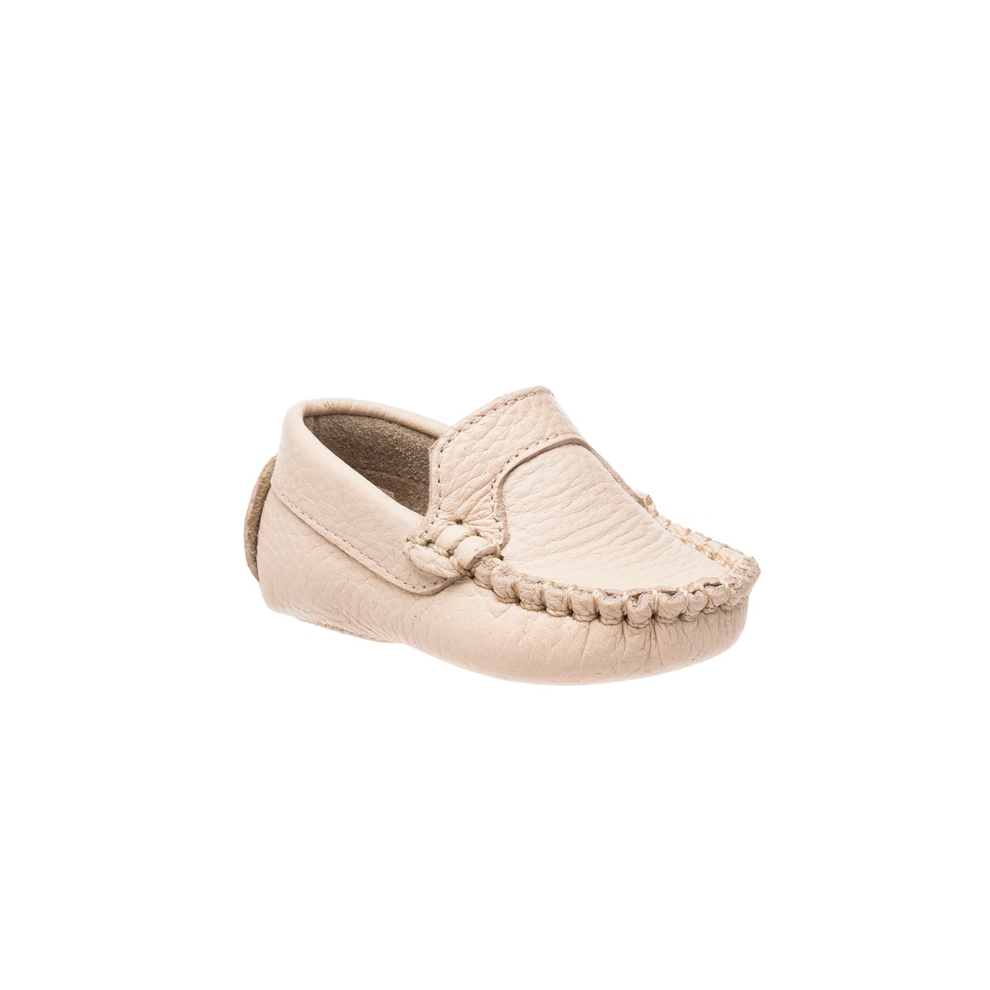 Cream-colored baby moccasin with braided detailing and soft leather material.