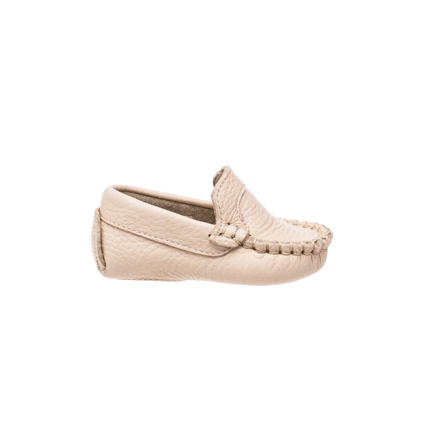 Cream-colored baby moccasin with braided detailing and soft sole.