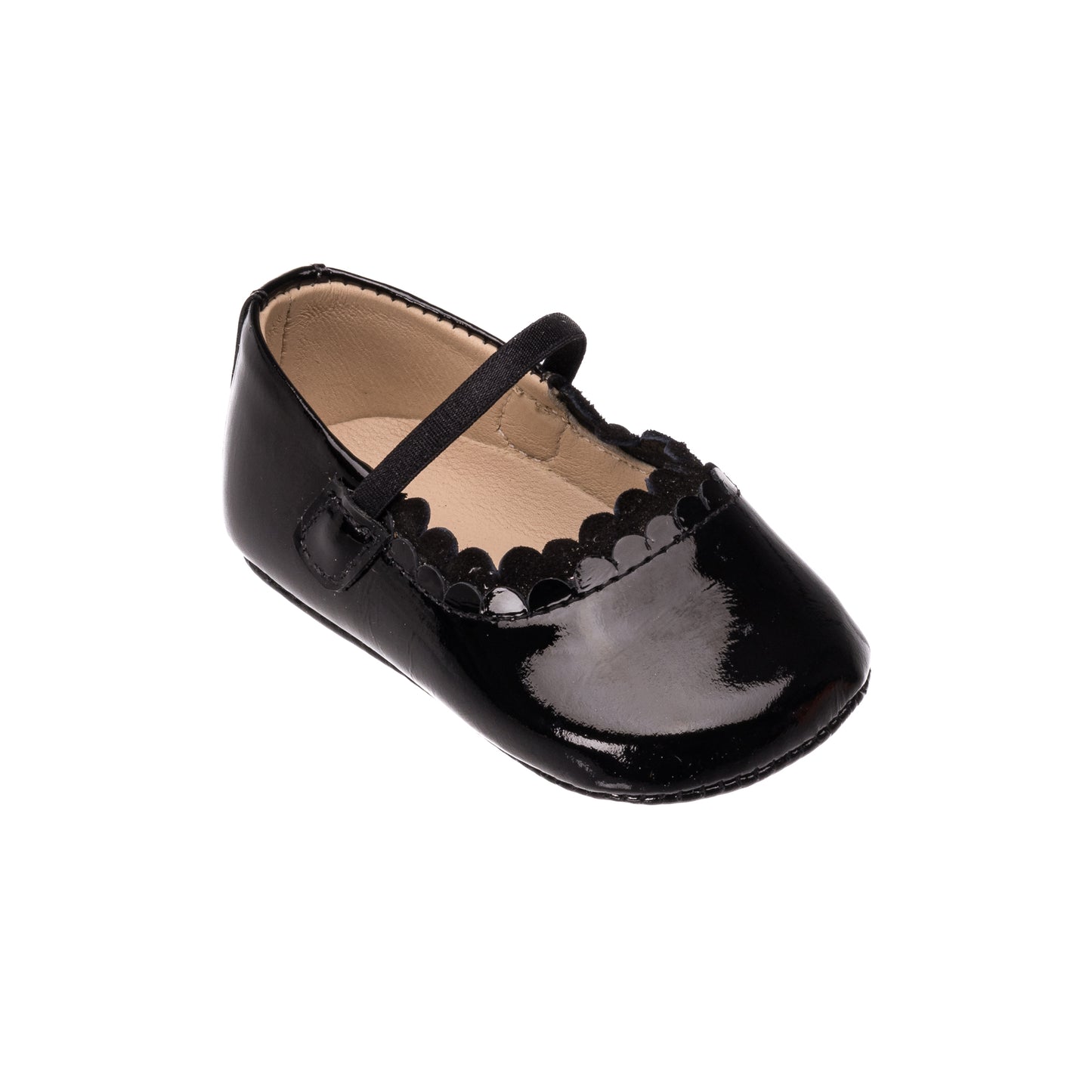 Glossy black patent leather baby ballet flat with scalloped edge and elastic strap.
