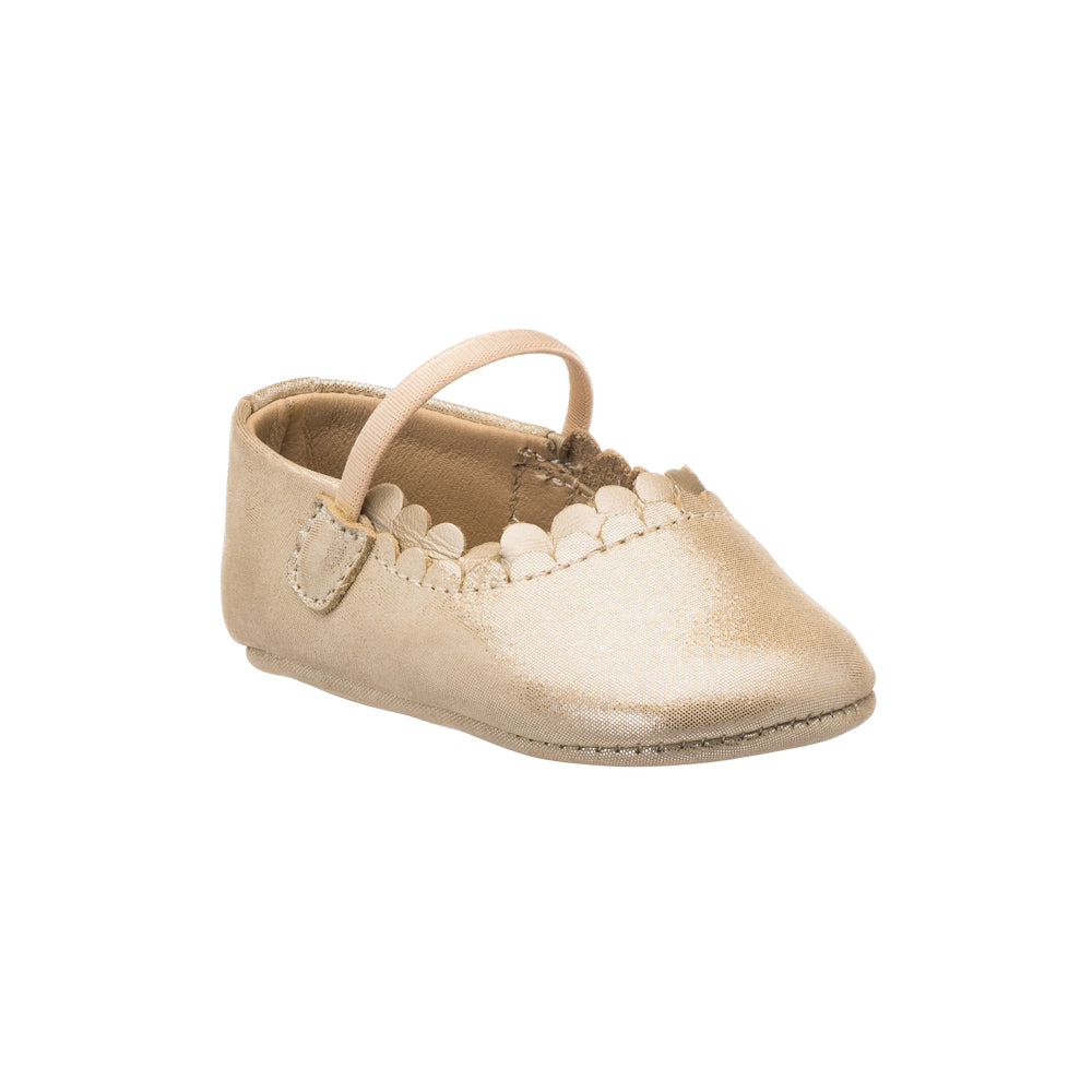 Gold metallic baby ballet flat with scalloped edge and matching strap.