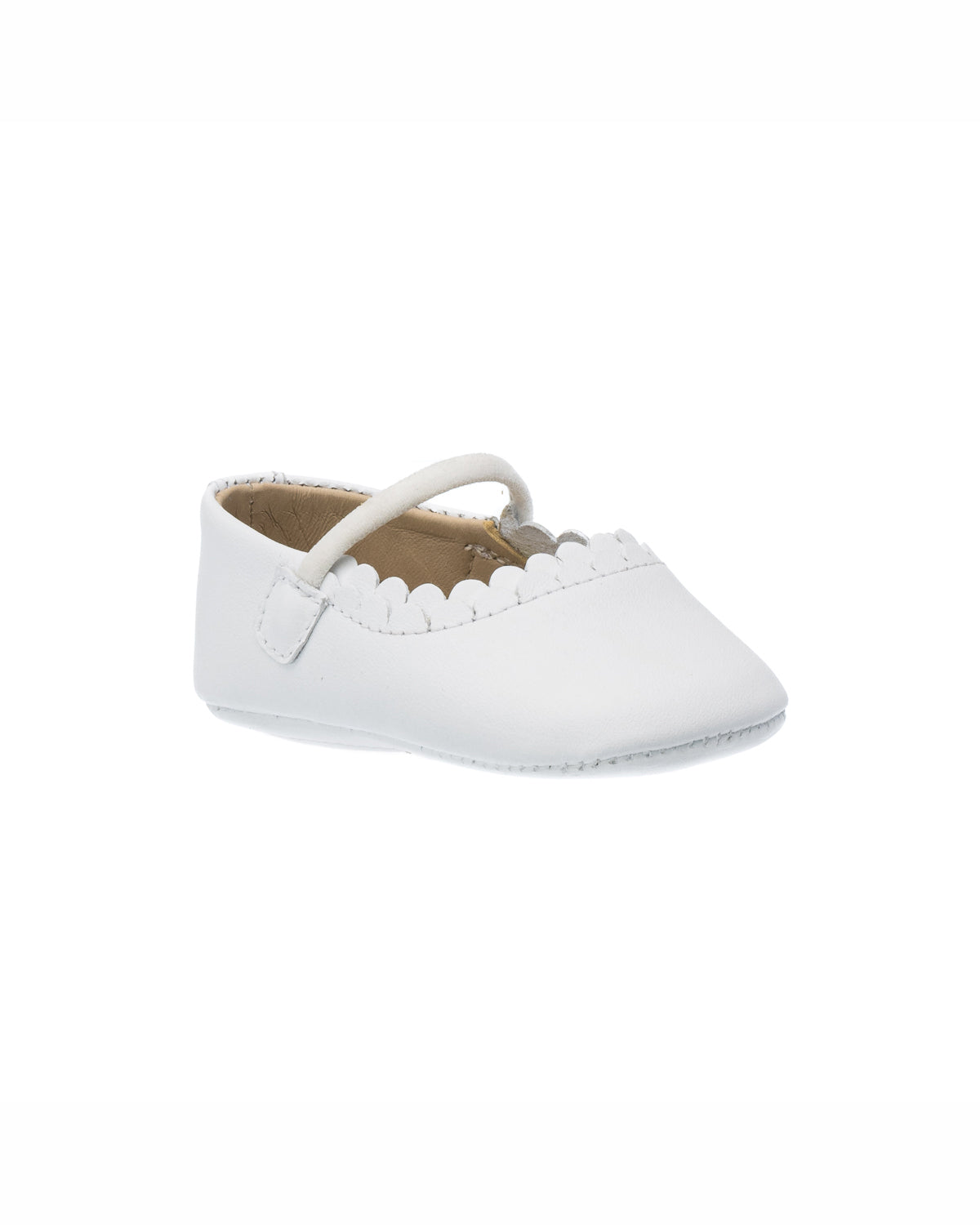 White baby shoe with scalloped edge and single strap across top.