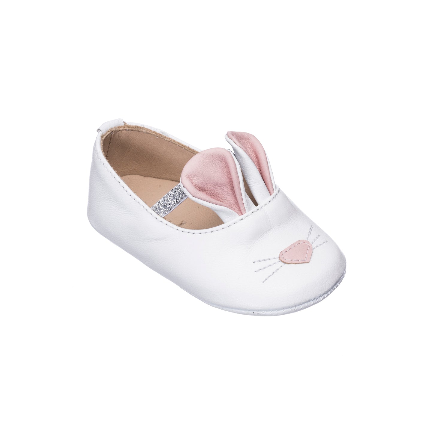 White baby slipper with soft pink bunny ears and embroidered nose and whiskers.