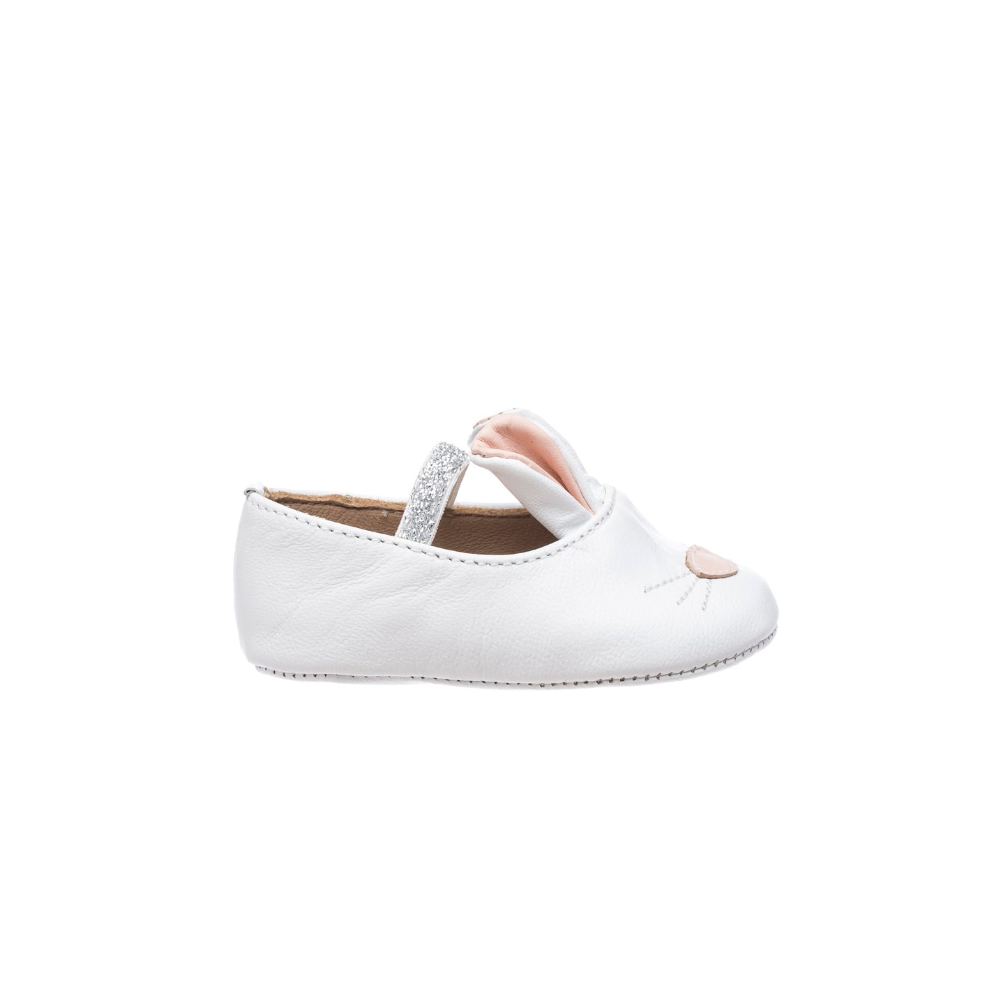 White infant slipper with bunny face and ears, elastic strap for secure fit.