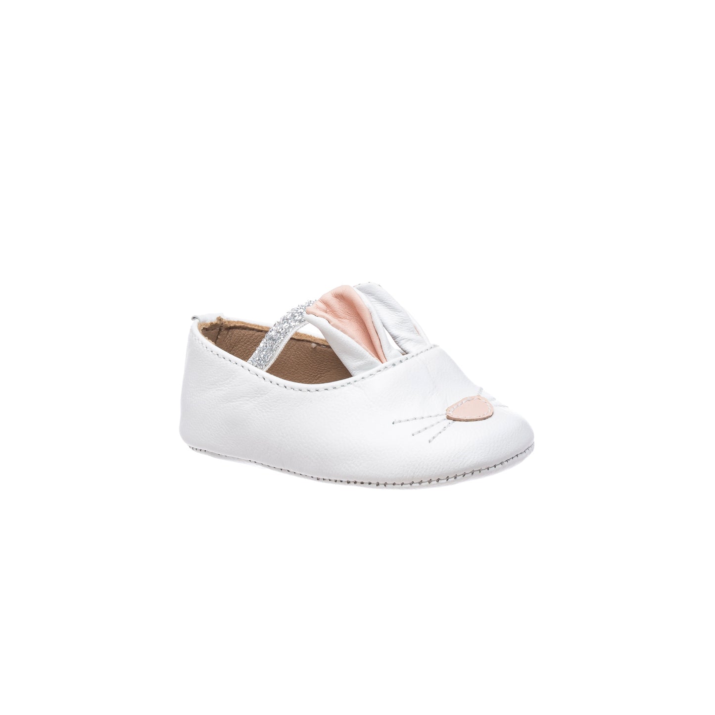 White infant slipper with pink bunny ear detail and stitched whiskers on toe.
