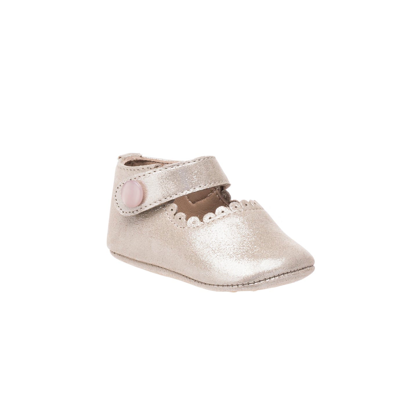 Soft metallic pink baby Mary Jane shoe with scalloped edge and Velcro strap closure.
