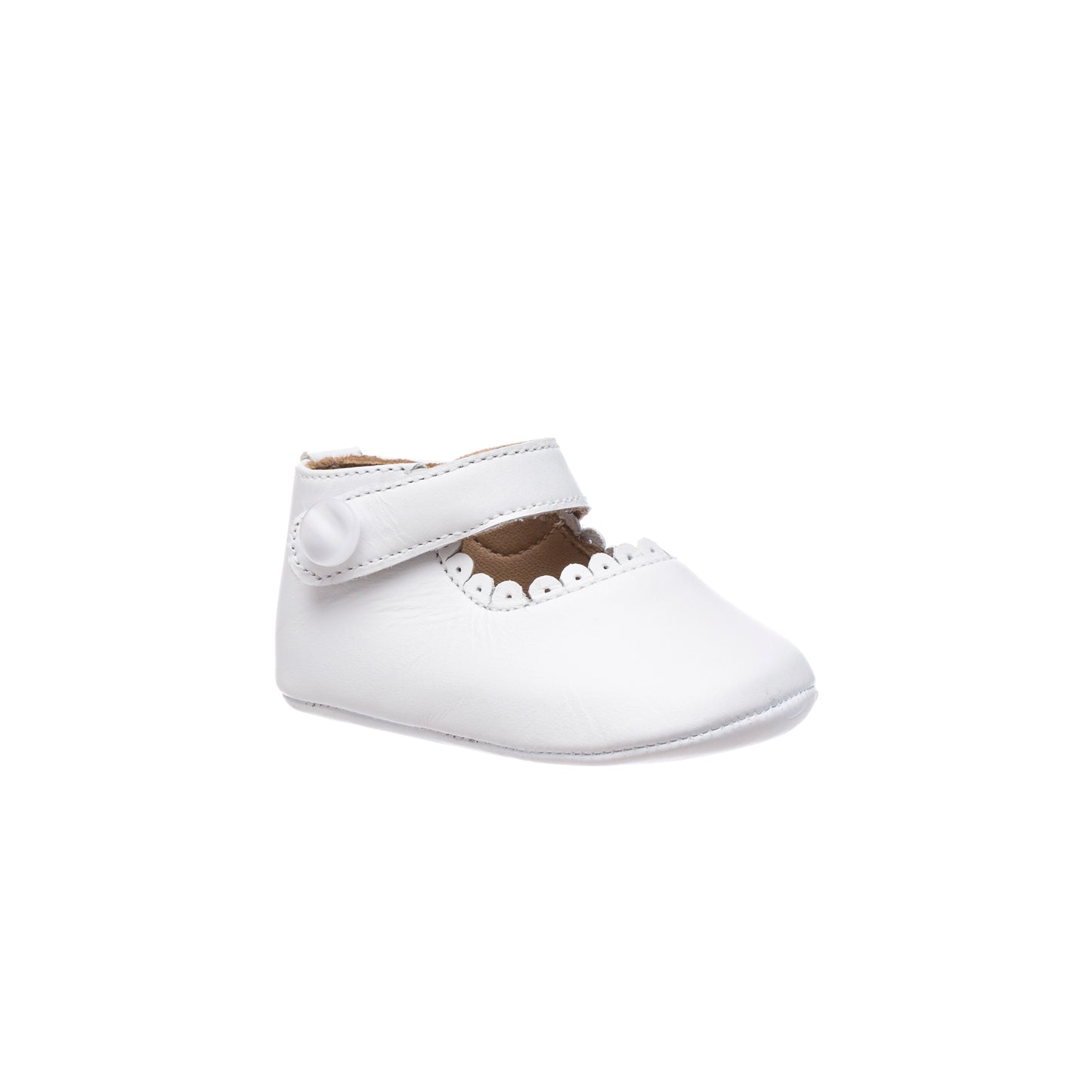 White baby Mary Jane shoe with scalloped edge and velcro strap closure.