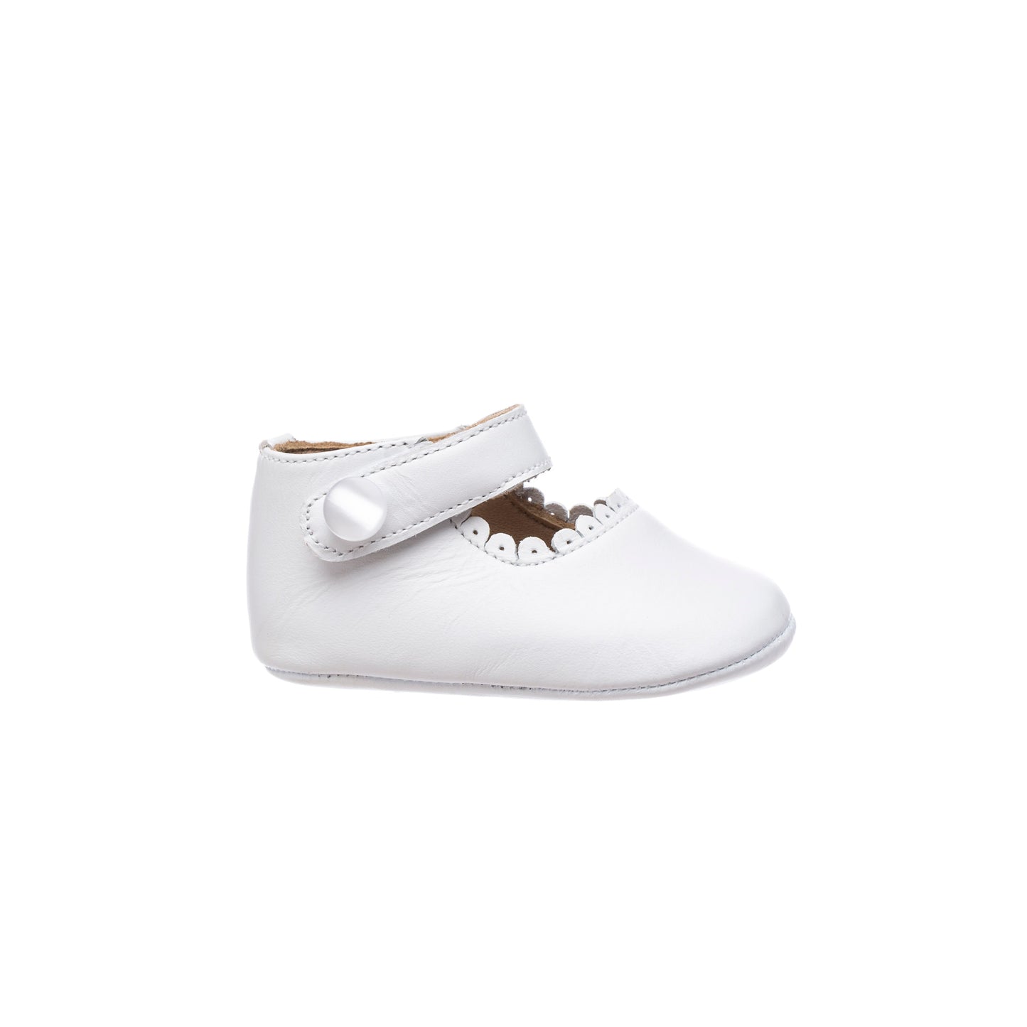 White baby Mary Jane shoe with scalloped edge and single velcro strap closure.