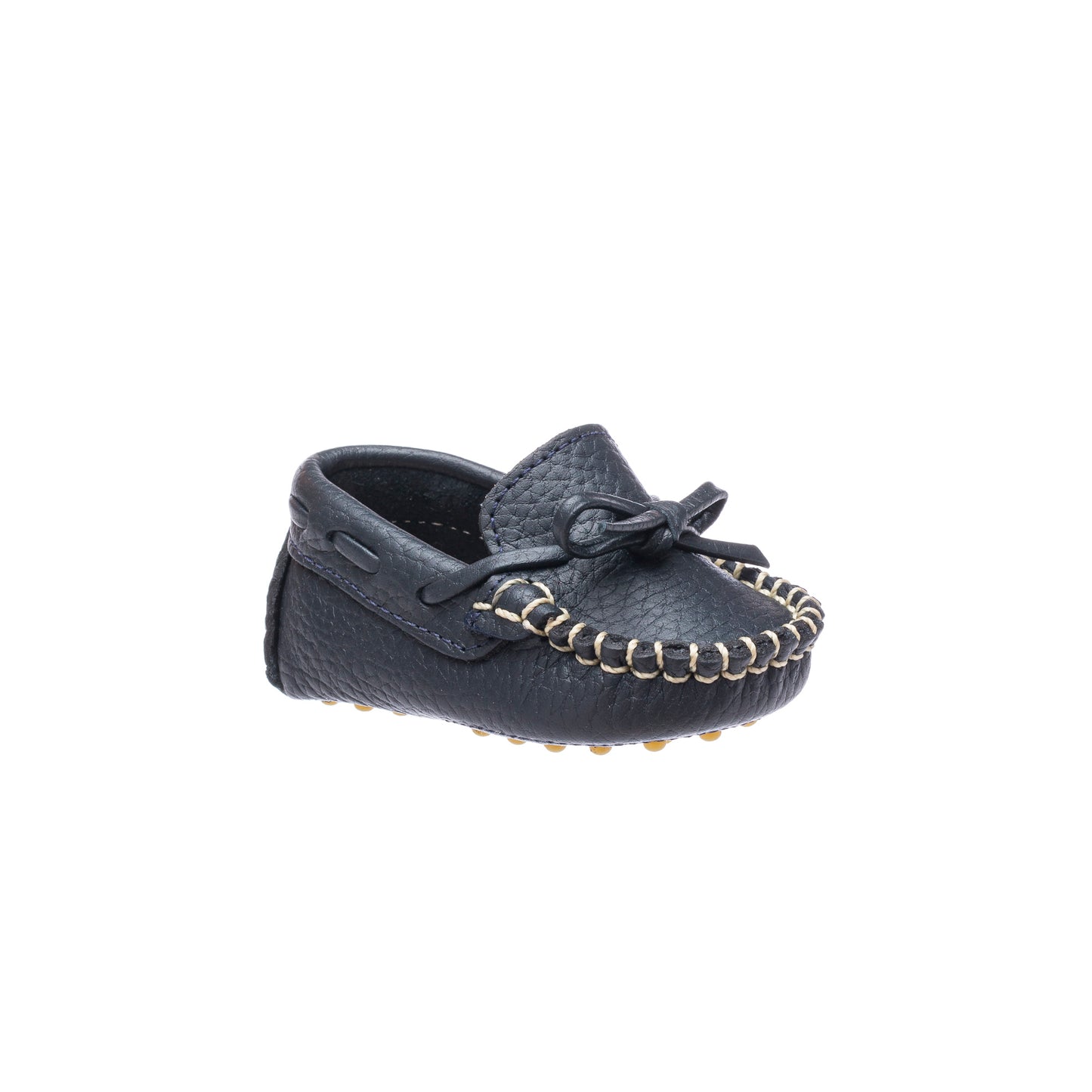 Navy blue baby driver loafer with woven leather bow and stitched detailing.