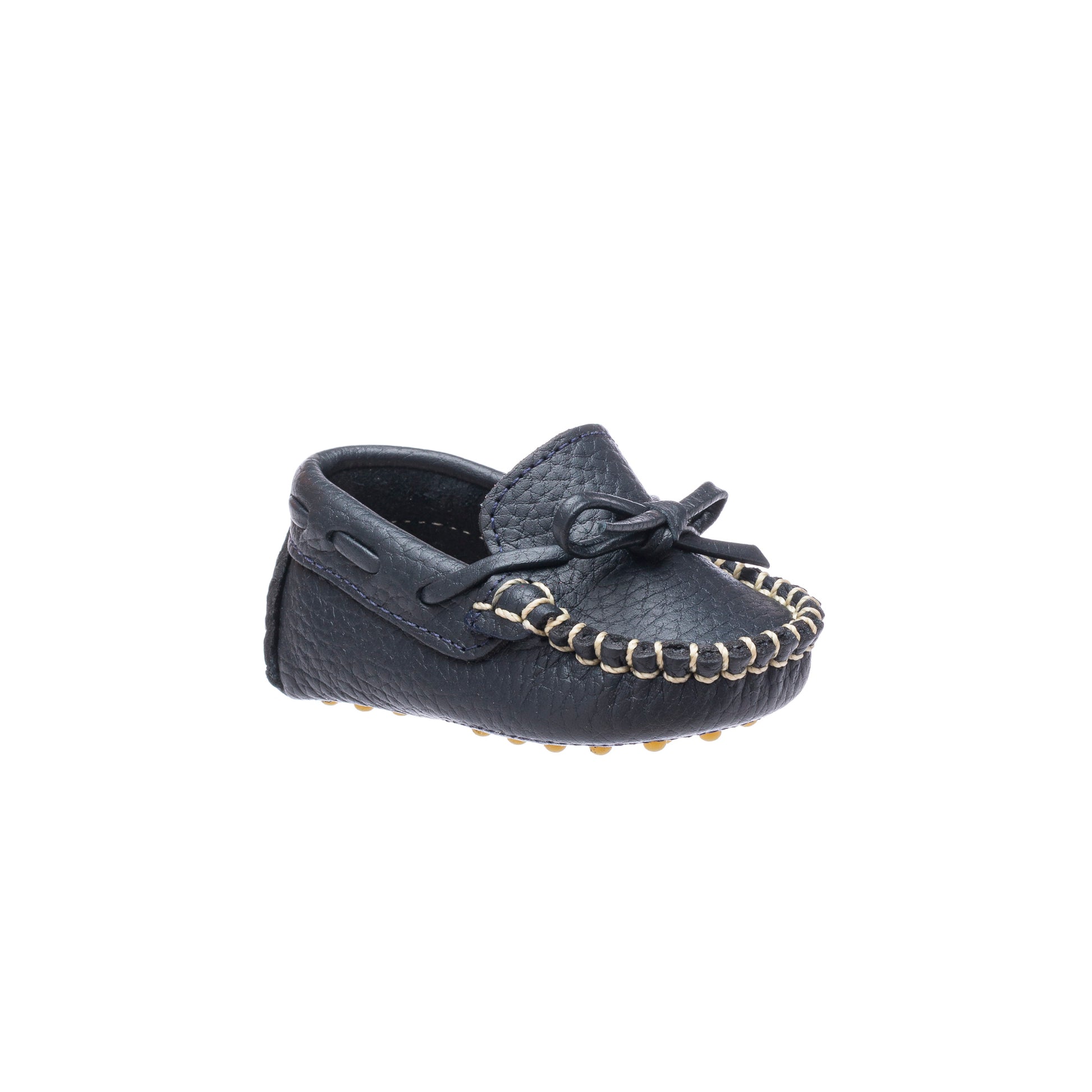 Navy blue baby driver loafer with woven leather bow and stitched detailing.