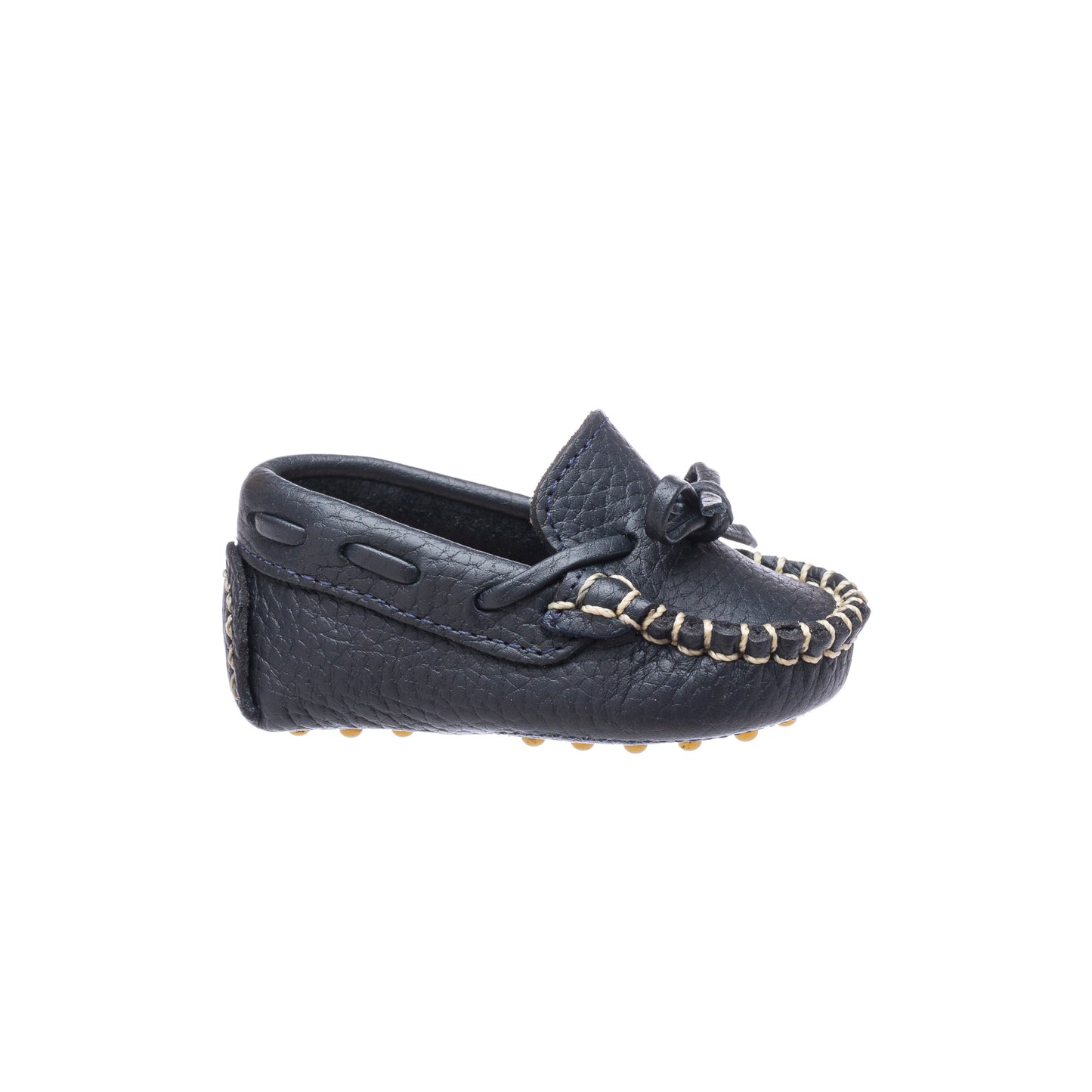 Navy blue baby driver loafer with moccasin stitching and leather bow detail.
