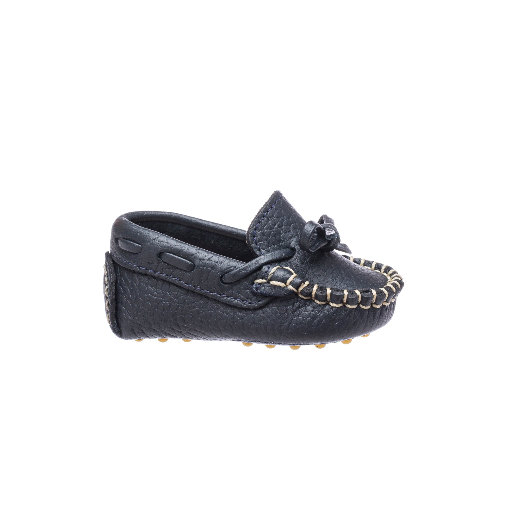 Navy blue baby driver loafer with moccasin stitching and leather bow detail.