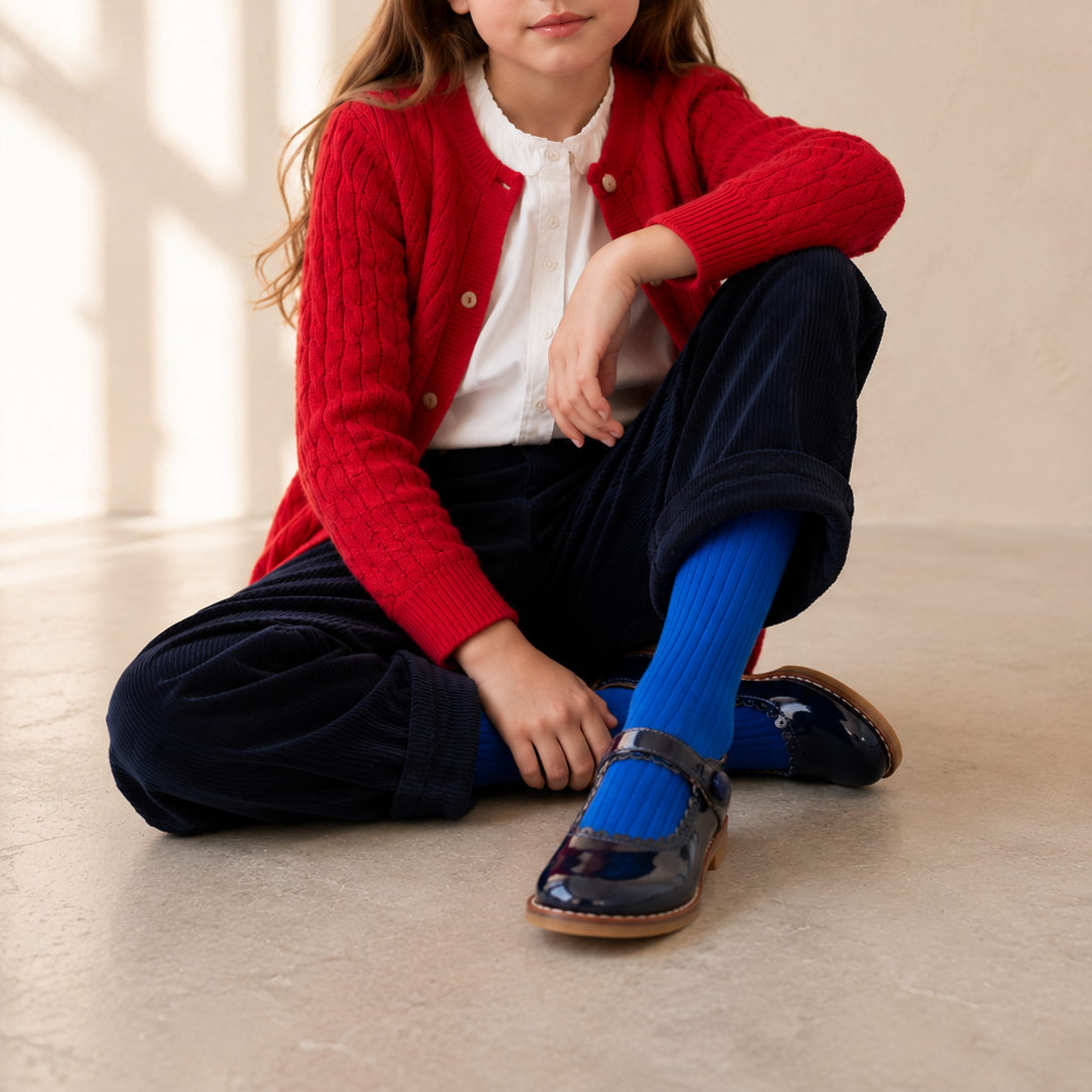 Elephantito - Navy blue patent leather Mary Jane shoes with a rounded toe and strap buckle on a child wearing bright blue socks and navy.
