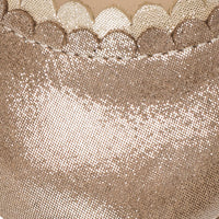 Blush pink toddler shoe with shimmering fabric and scalloped edge detailing.