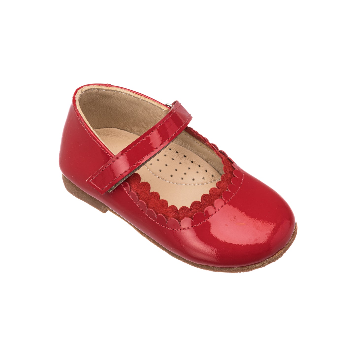 Elephantito - Red patent leather toddler Mary Jane shoe with scalloped edges and Velcro strap.