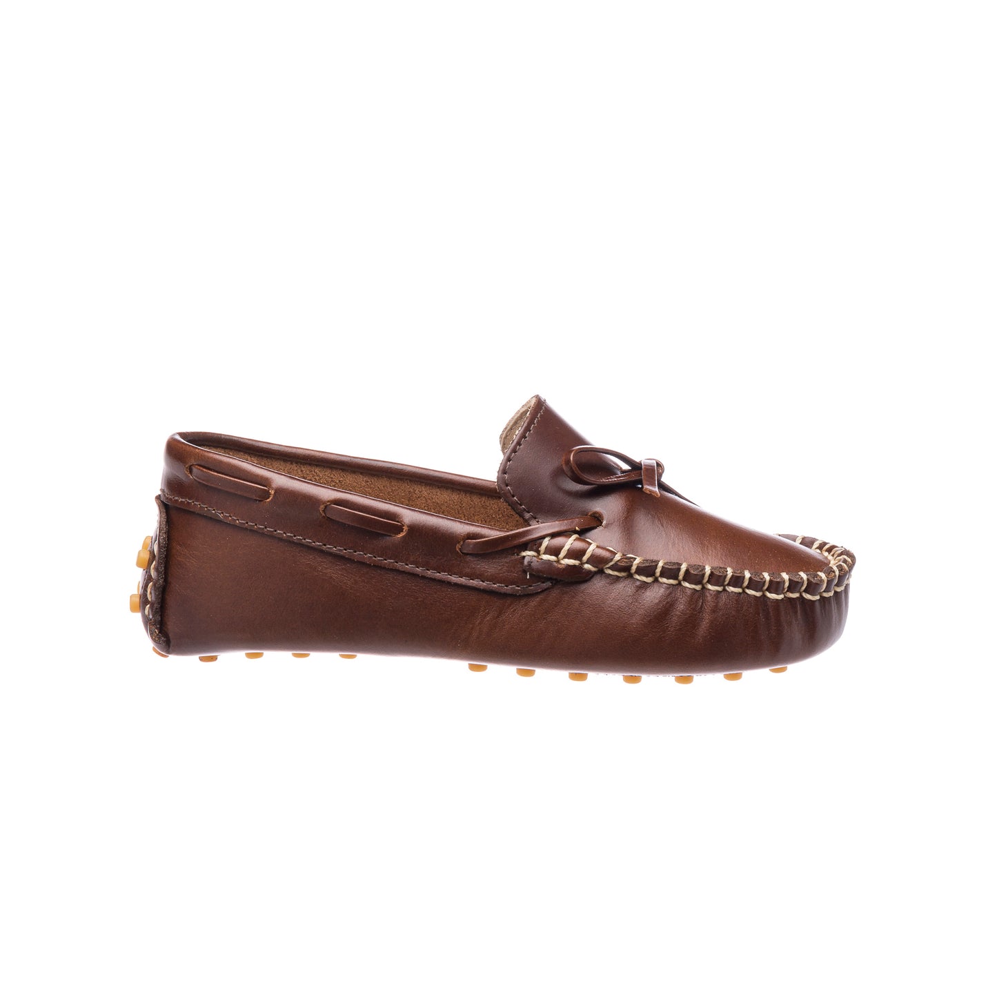 Brown leather driver loafer with moccasin stitching and bow detail on top.
