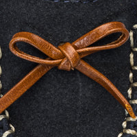 Elephantito - Blue baby suede loafer with brown leather bow and white stitching detail.