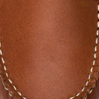 Brown leather toddler moccasin with contrast white stitching on saddle top.