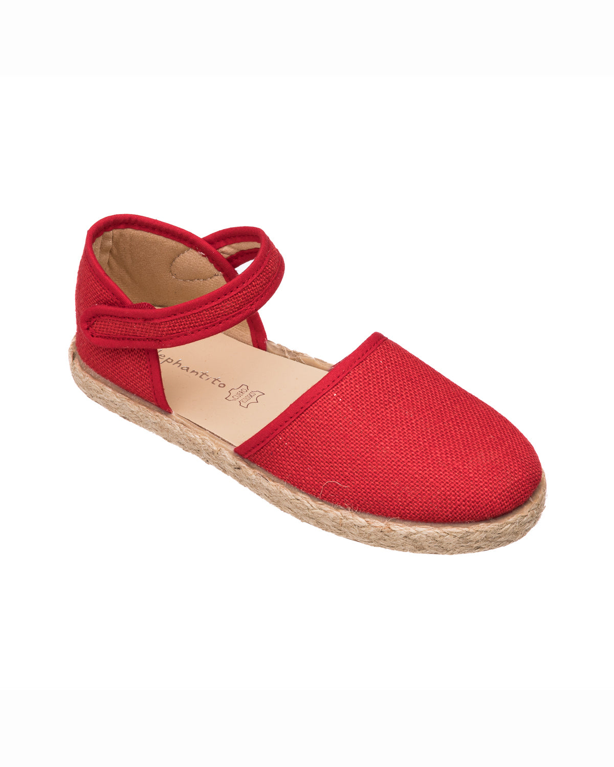 Red linen espadrille with ankle strap and jute-wrapped sole for children.