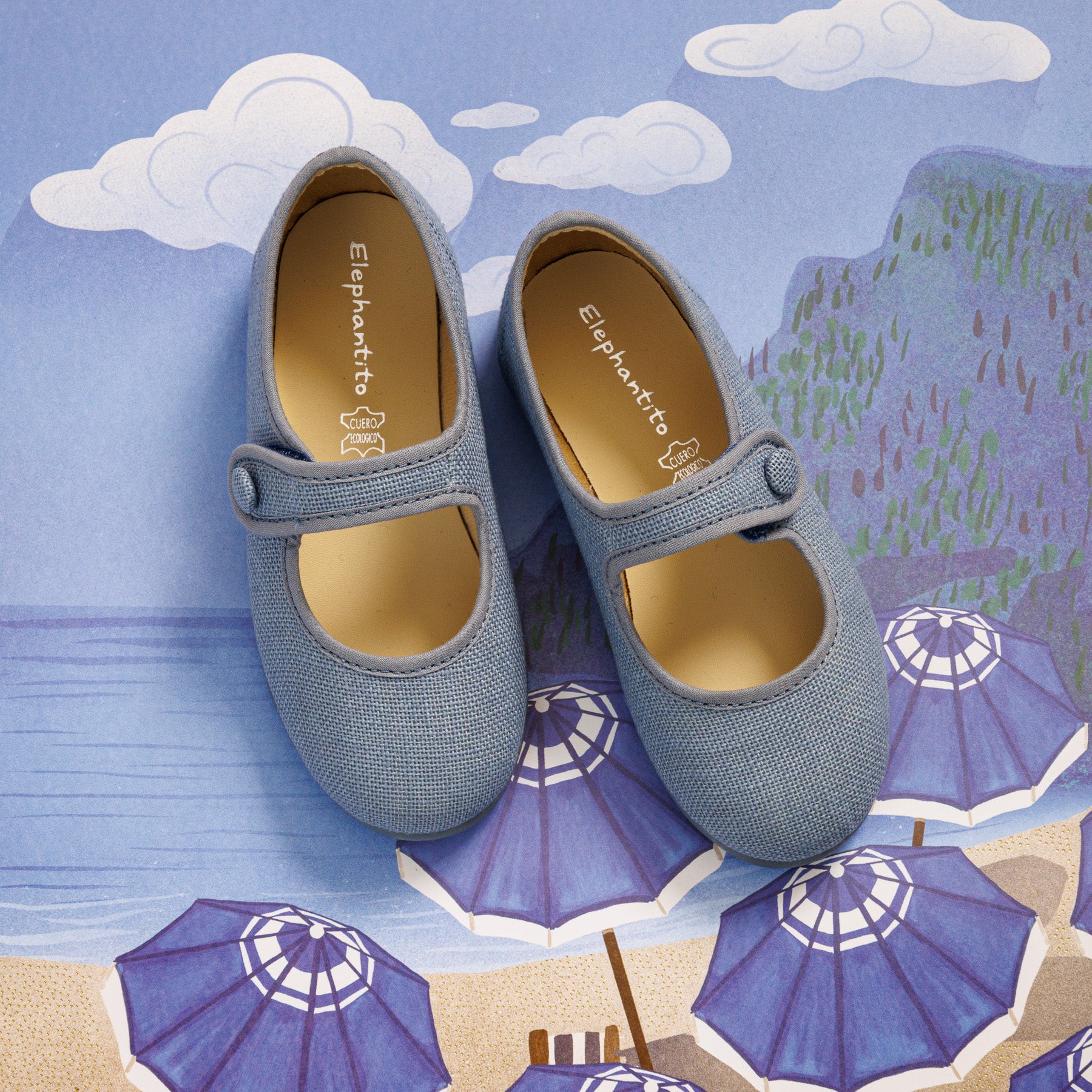Elephantito - Indigo linen Mary Jane shoes for toddlers with a rounded toe and adjustable strap closure.