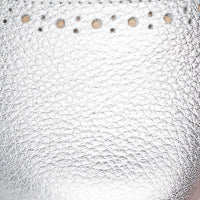 Silver textured leather ballerina flat with perforated scalloped trim detail.