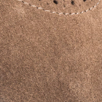 Beige suede texture with detailed stitching on children’s Mary Jane shoe upper.
