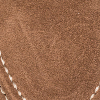 Toffee brown suede material with white contrast stitching on penny loafer upper.
