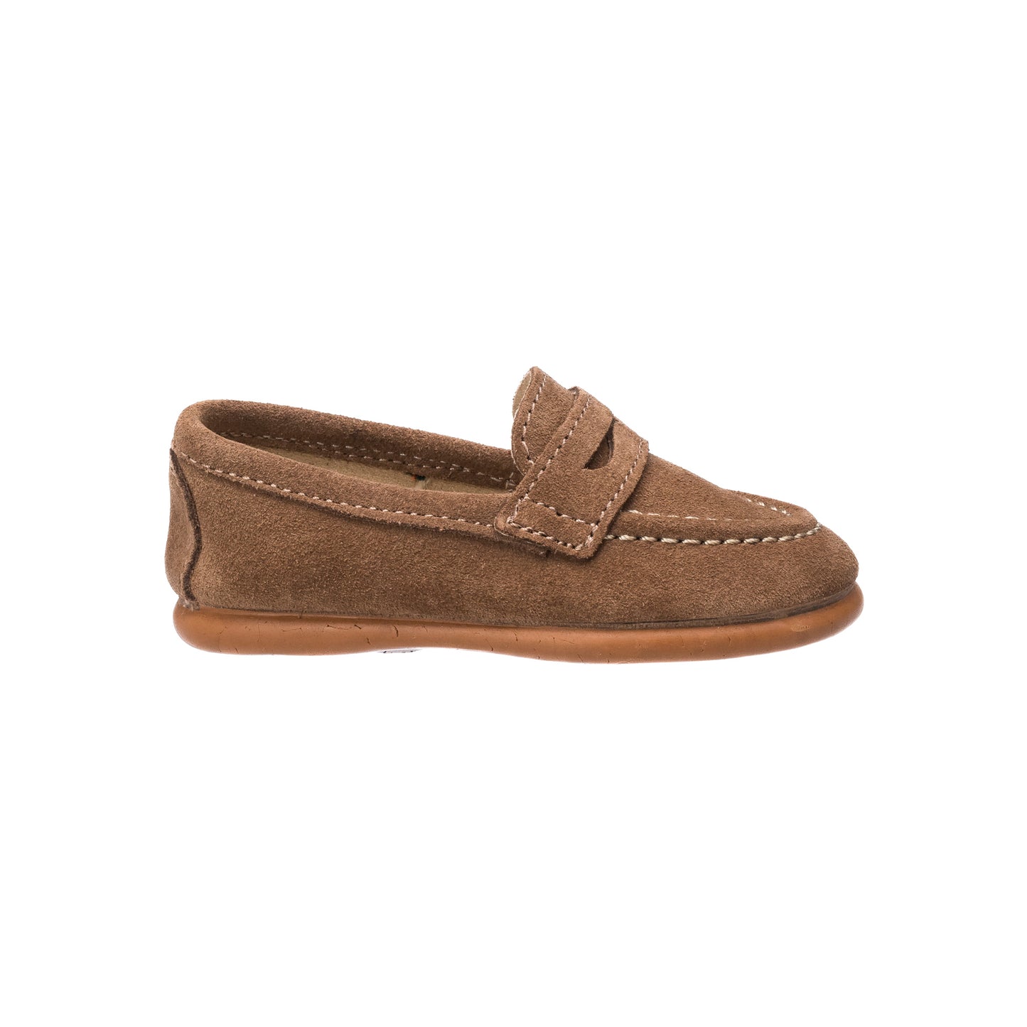 Toffee brown suede penny loafer for toddlers with stitched detailing and rubber sole.