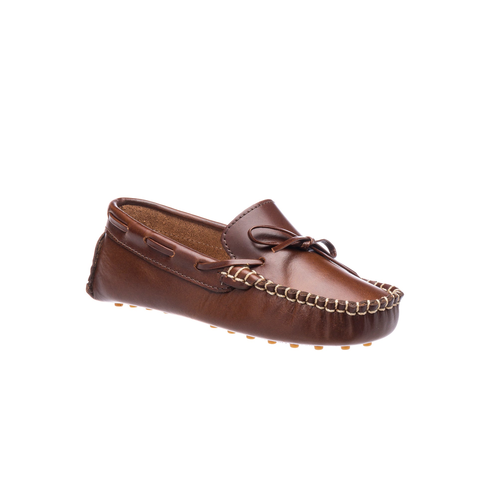 Brown leather boys' driver loafer with moccasin stitching and bow detail.
