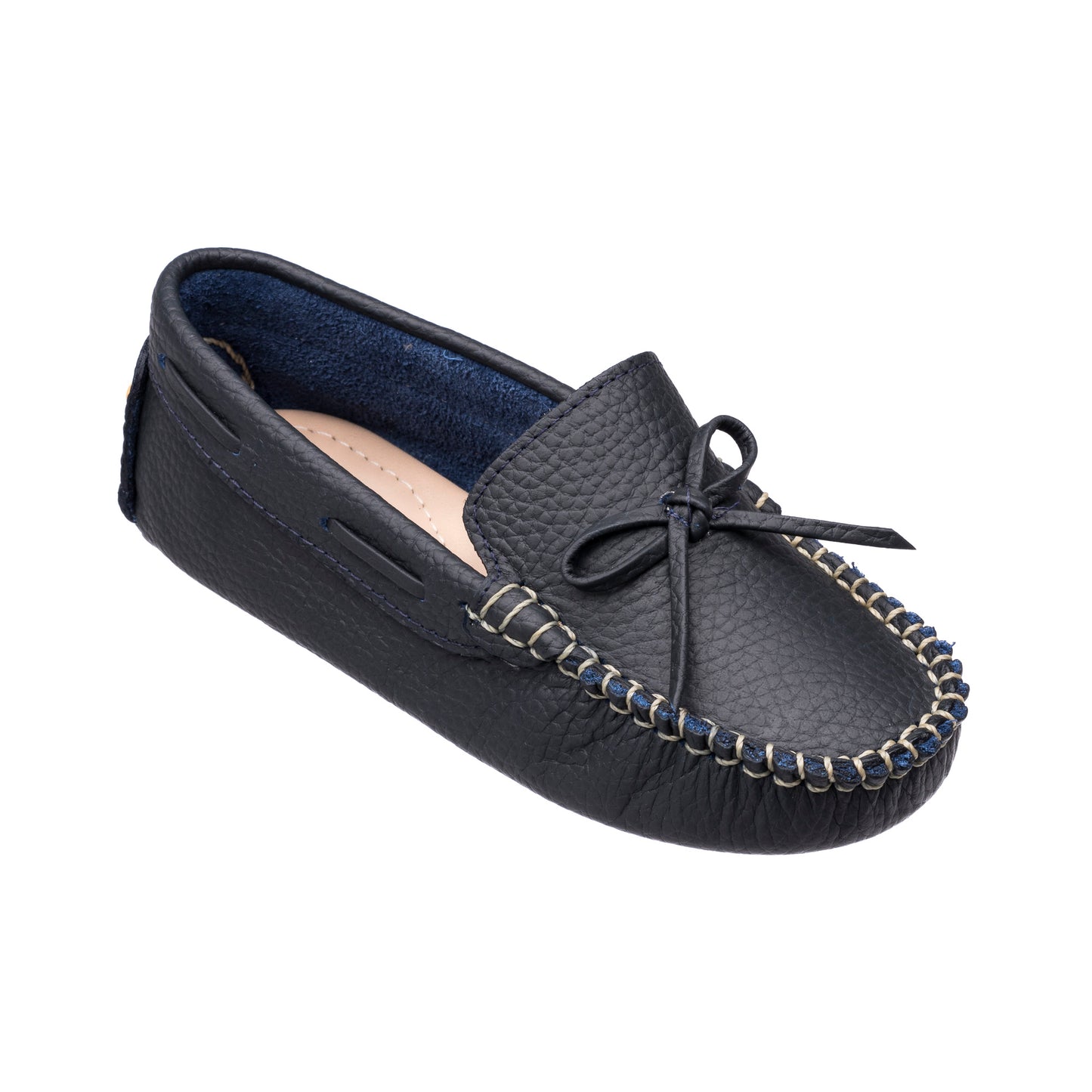 Navy blue leather boys' driver loafer with moccasin-style stitching and bow detail.