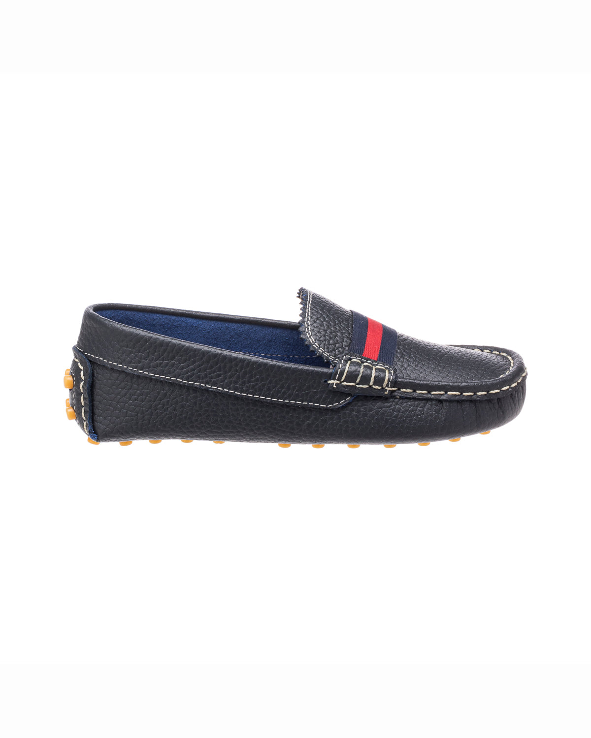 Navy blue leather boys loafer with red stripe and rubber sole studs.