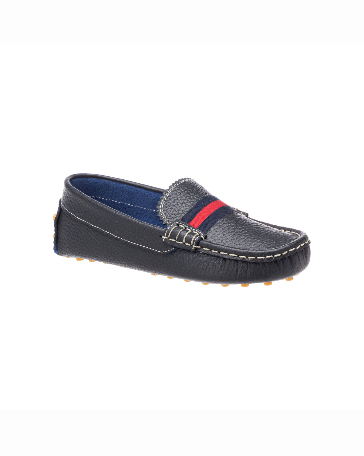 Navy blue boys' loafer with red and green stripe detail and contrast stitching.