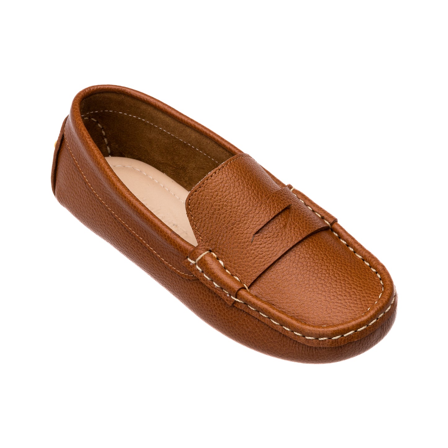 Tan leather children’s driver loafer with stitched detailing and penny strap on top.