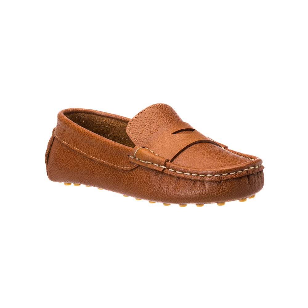 Tan leather children's loafer with stitched moc toe and rubber pebble sole.