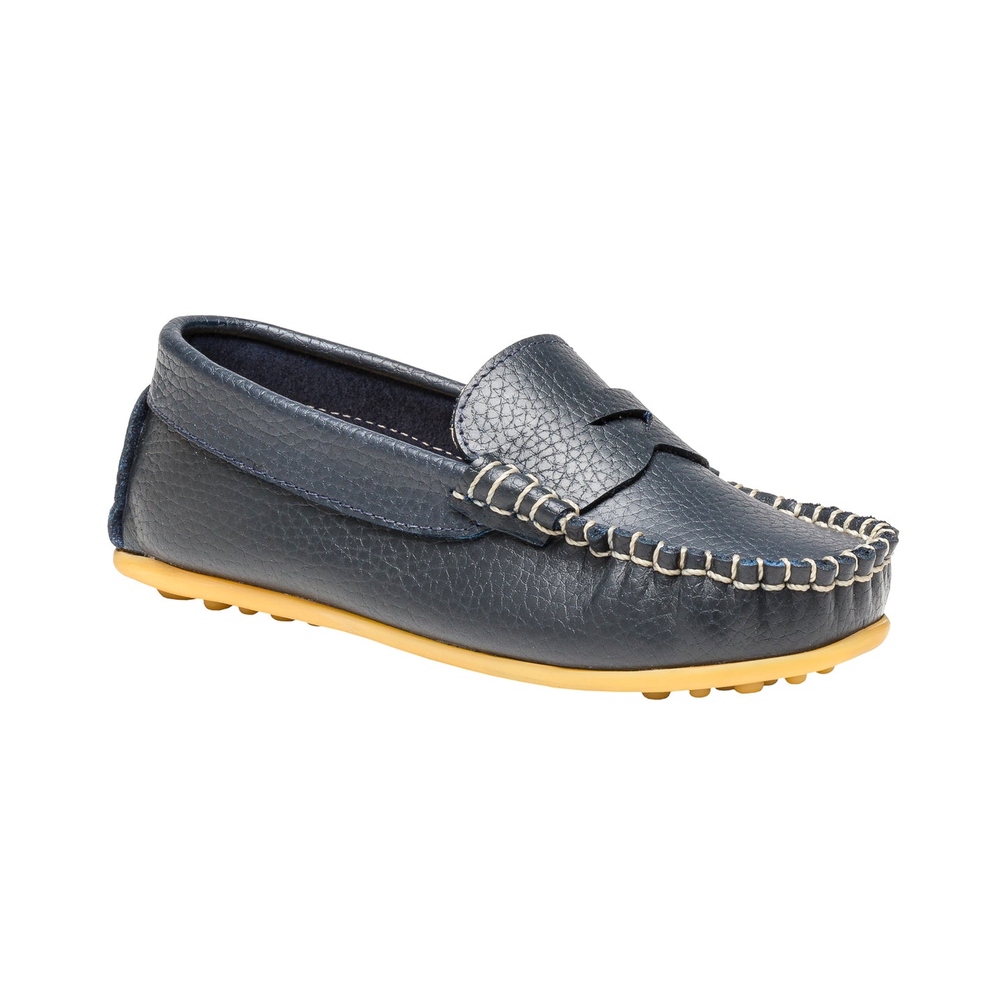 Navy blue leather boys loafer with tan rubber sole and whipstitch detailing.