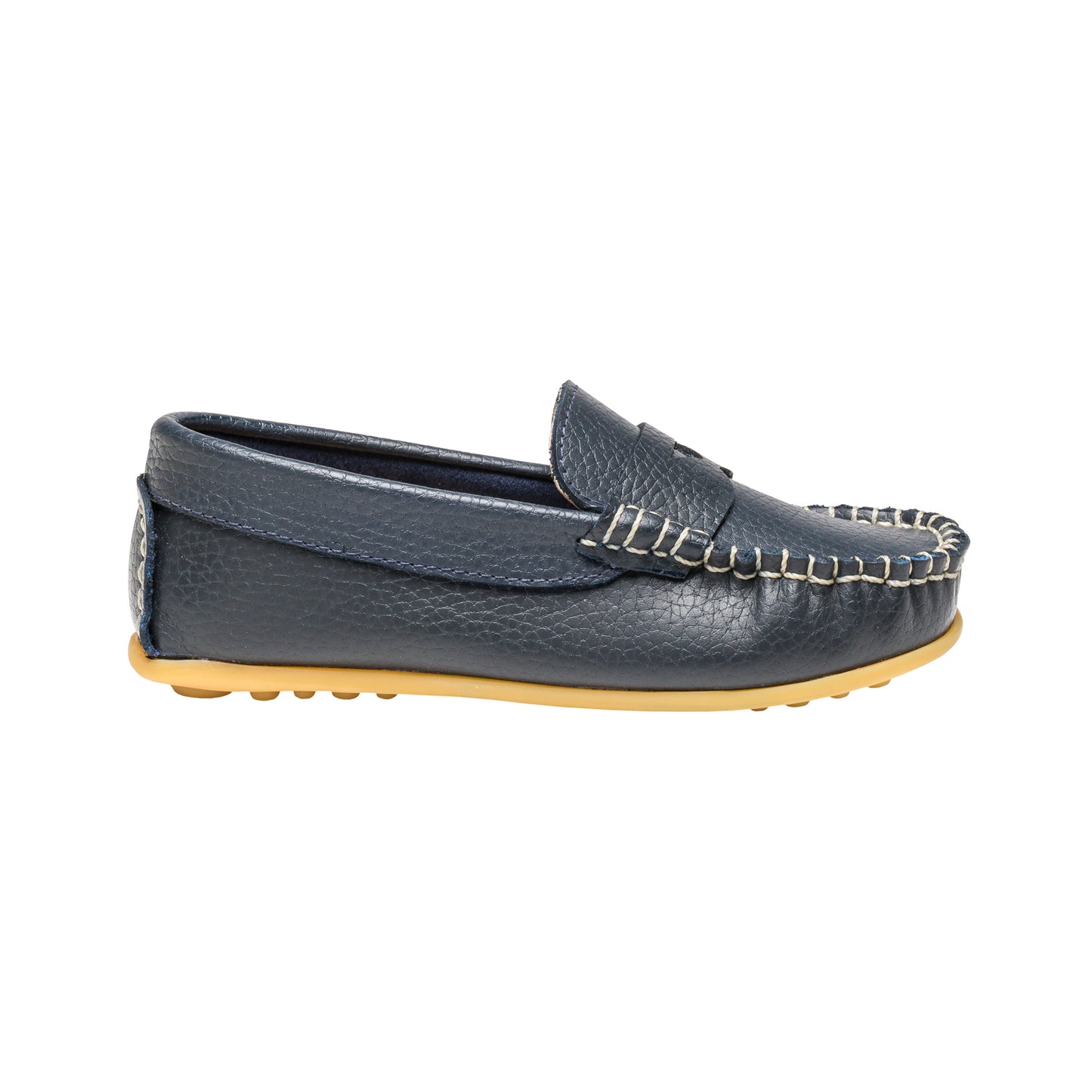 Navy blue boys leather loafer with moccasin stitching and tan rubber sole.
