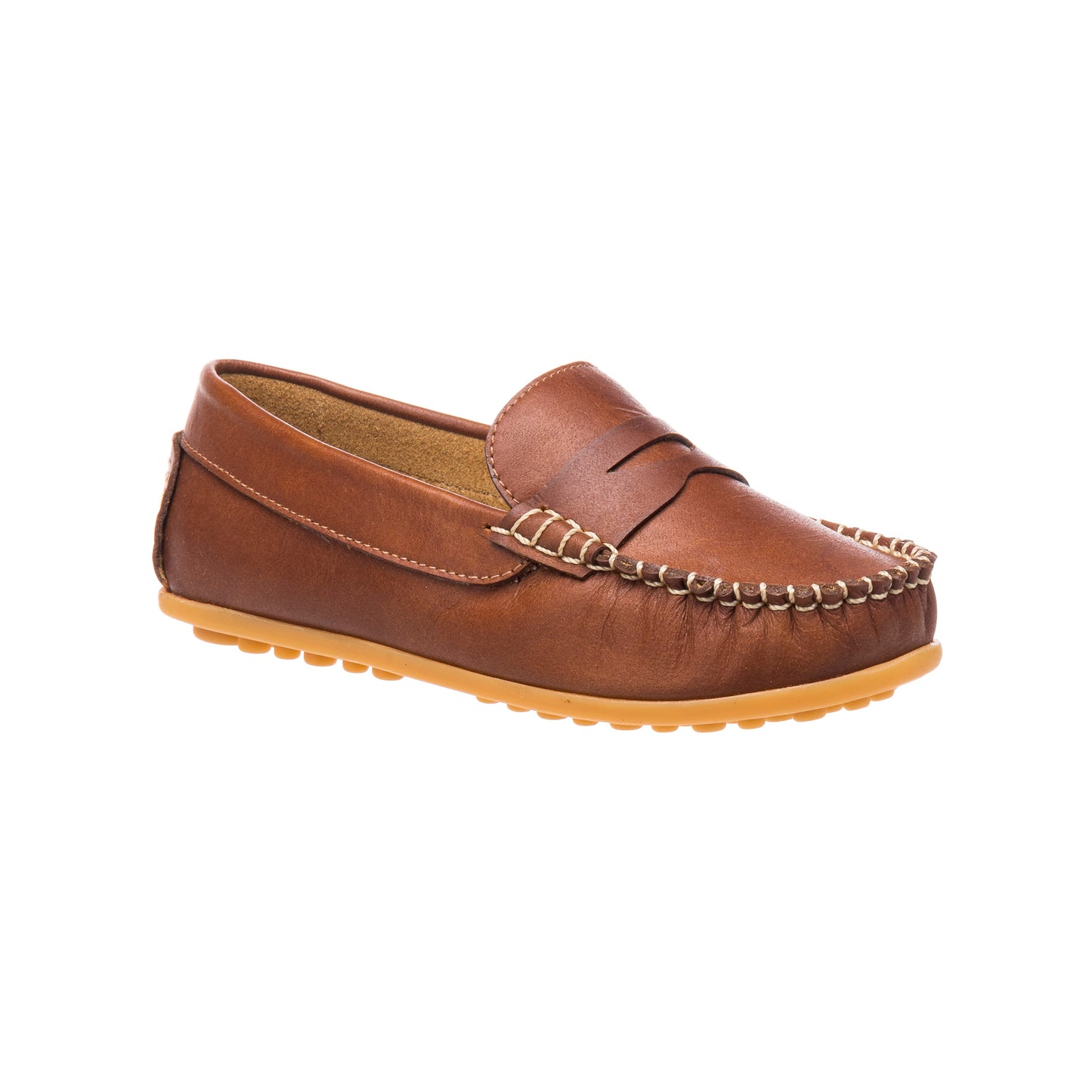 Natural brown leather boys loafer with moccasin stitching and a textured rubber sole.