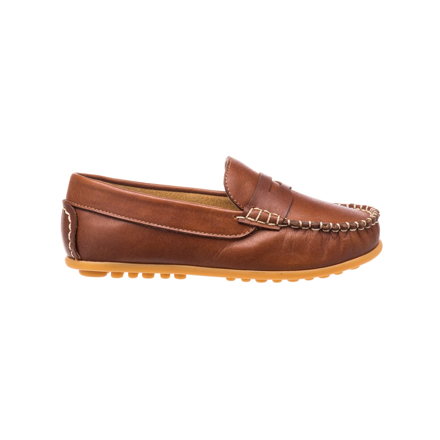Natural brown leather boys loafer with stitched moccasin toe and rubber sole.