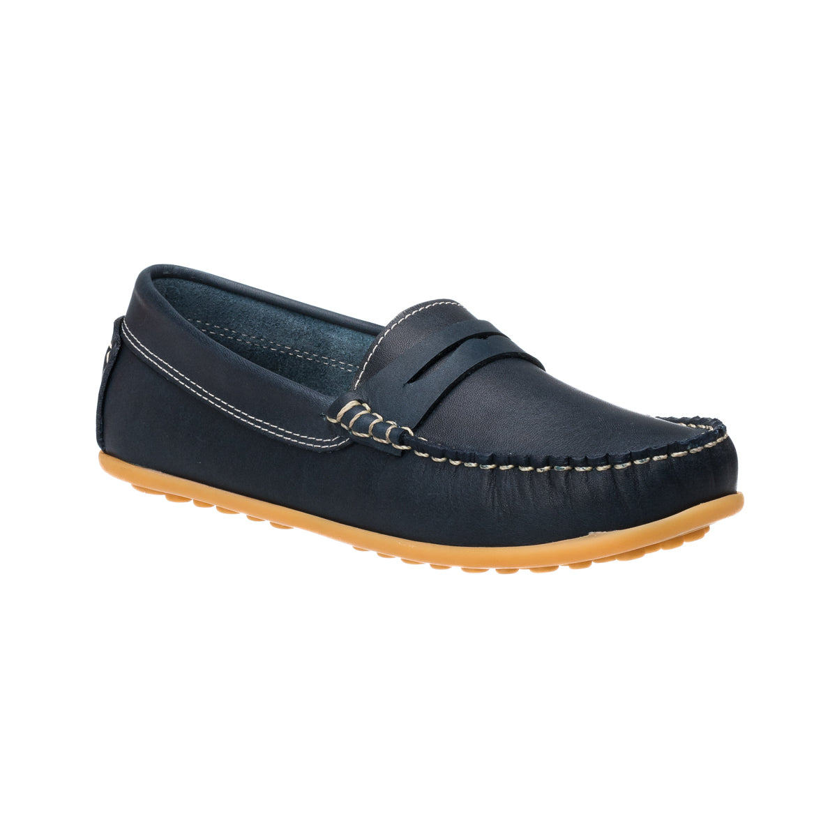 Navy blue children's moccasin with stitching detail and tan rubber sole.