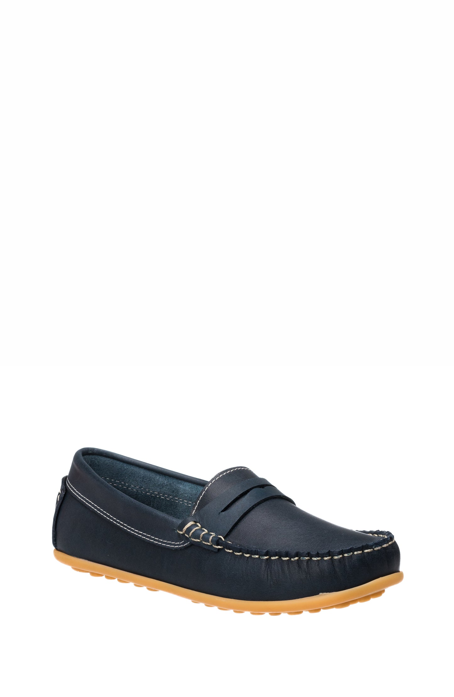 Navy blue leather children’s moccasin with brown rubber sole and stitched details.