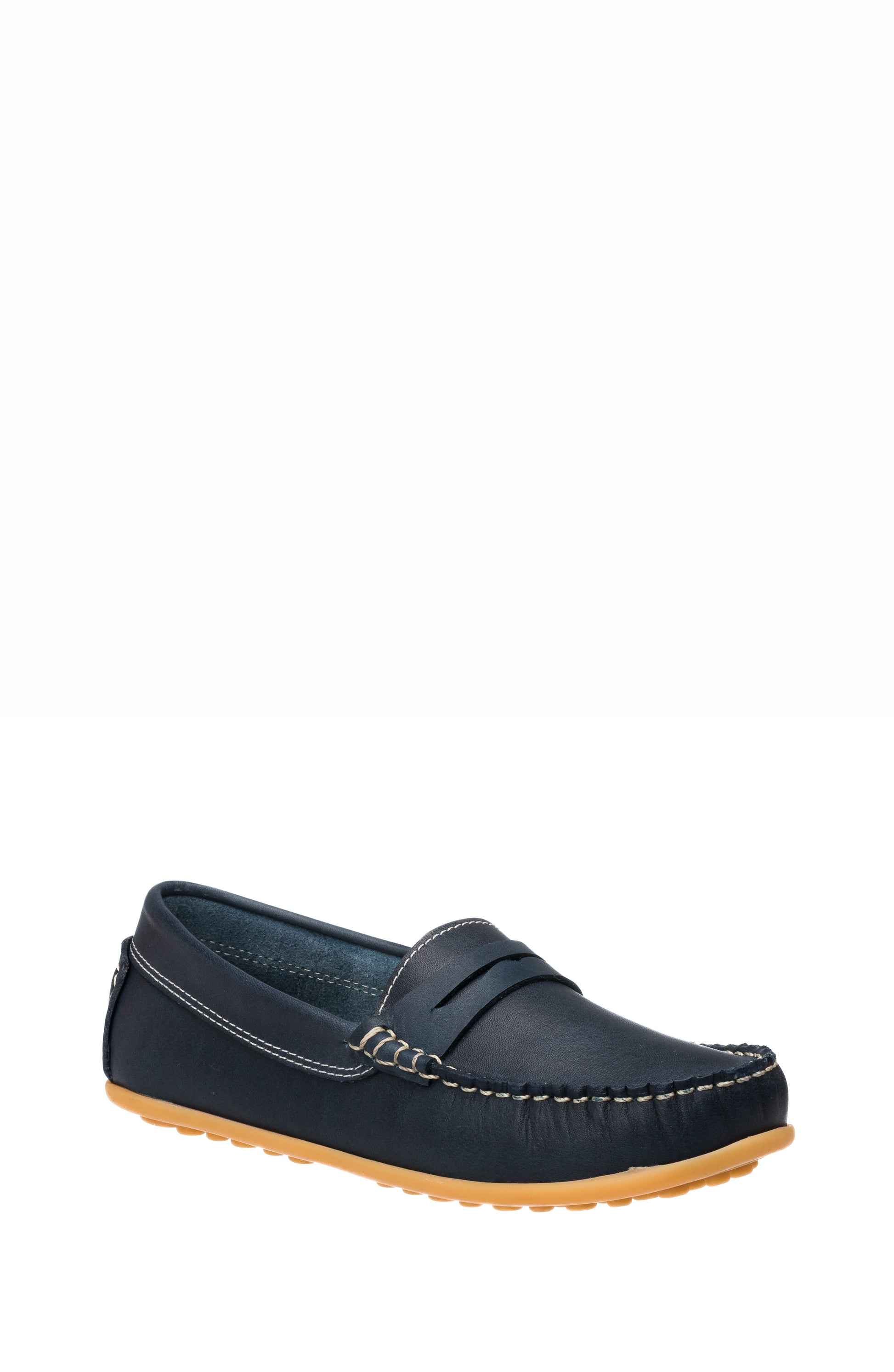 Navy blue leather children’s moccasin with brown rubber sole and stitched details.