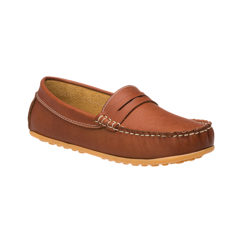 Brown leather moccasin with stitched detailing and gum rubber sole for children.