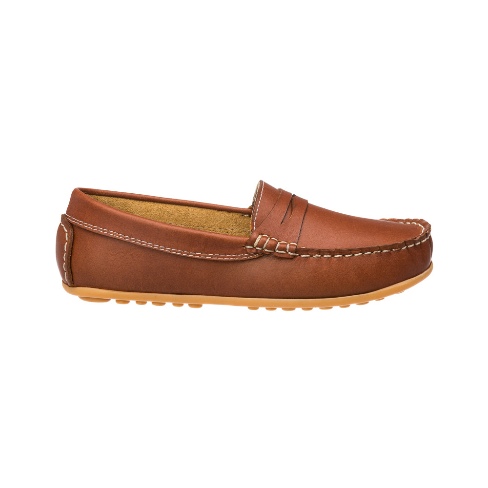 Brown leather moccasin with stitched detailing and rubber sole for children.