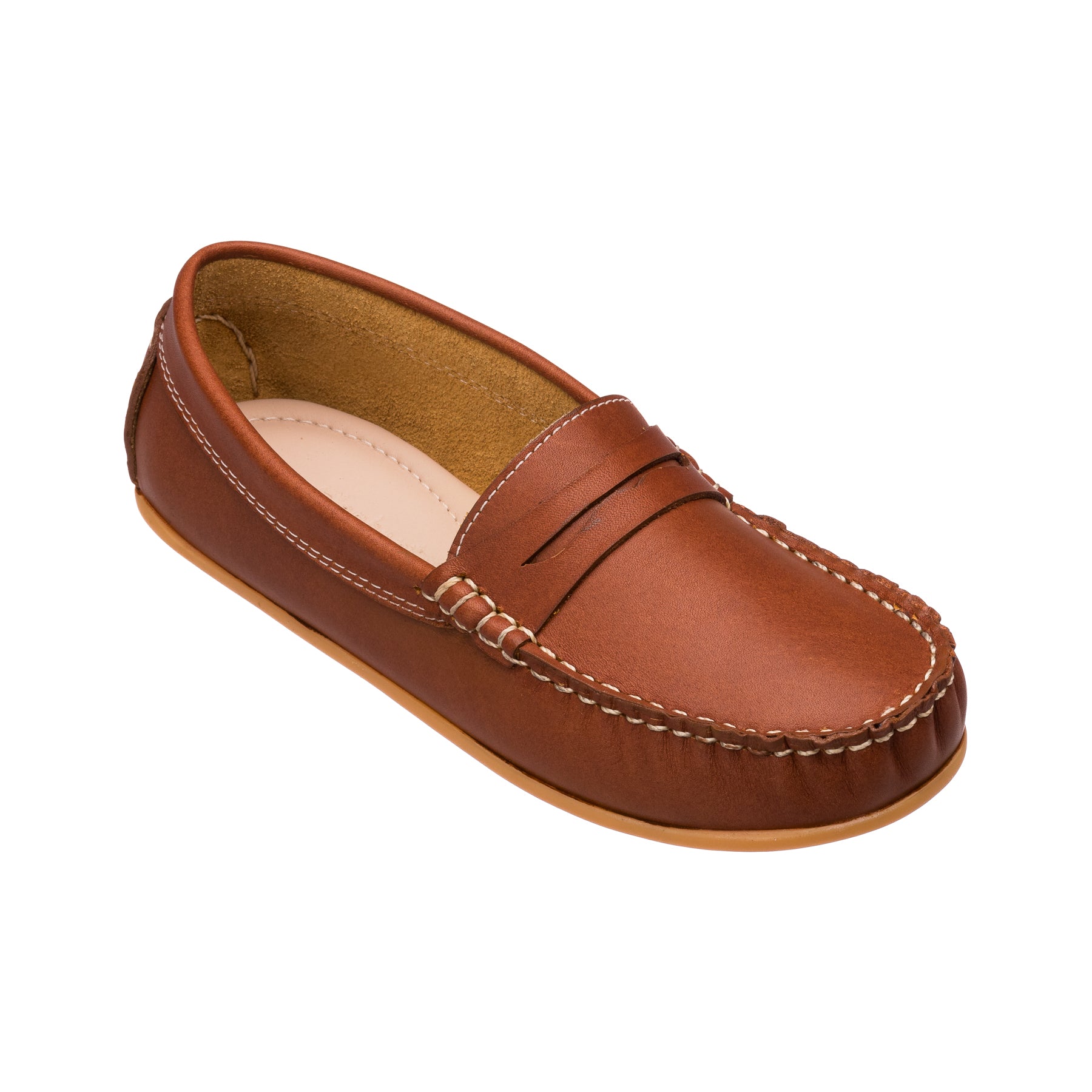Brown leather toddler moccasin with penny saddle and stitched detailing.