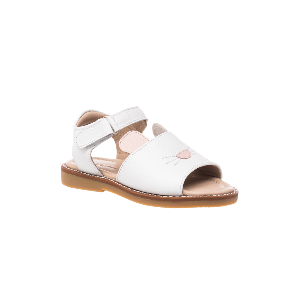 White toddler sandal with bunny face details and adjustable ankle strap on tan sole.