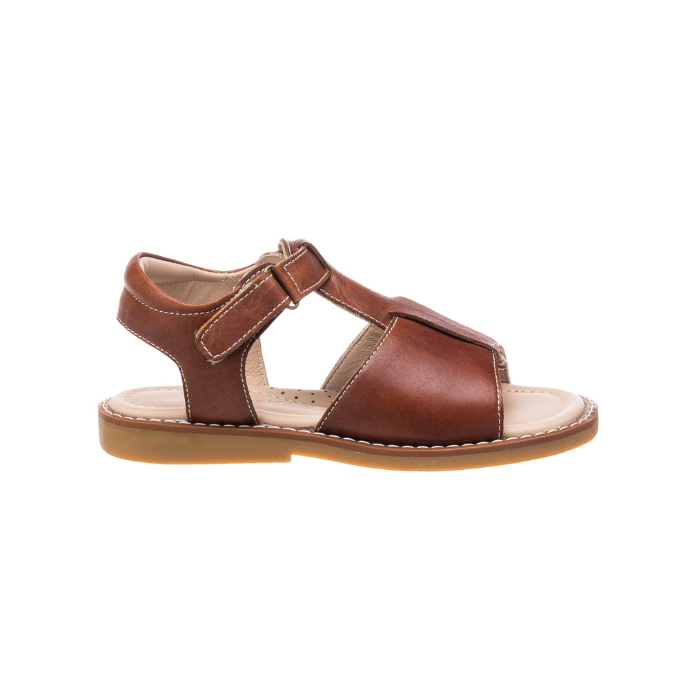 Natural brown leather boy sandal with adjustable Velcro strap and cushioned sole.