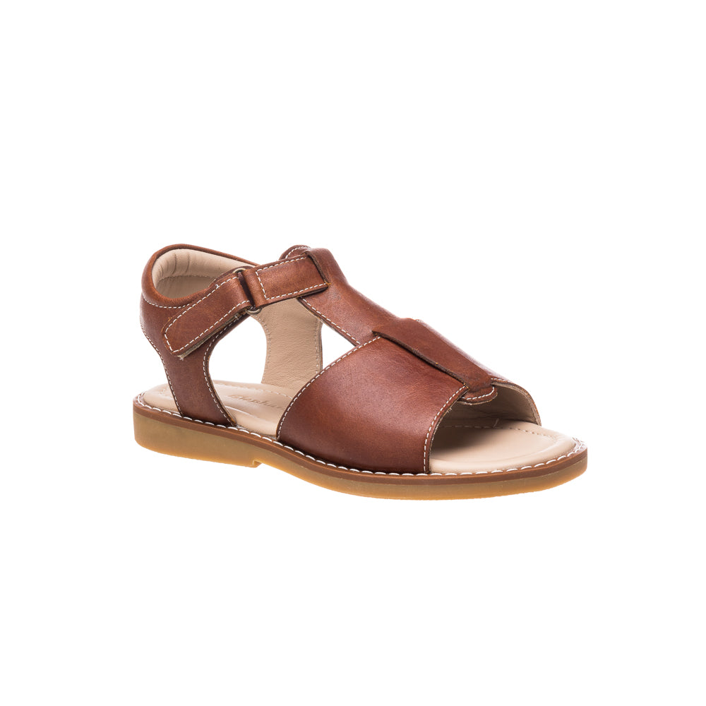 Natural brown leather boy sandal with open toe and adjustable side strap.