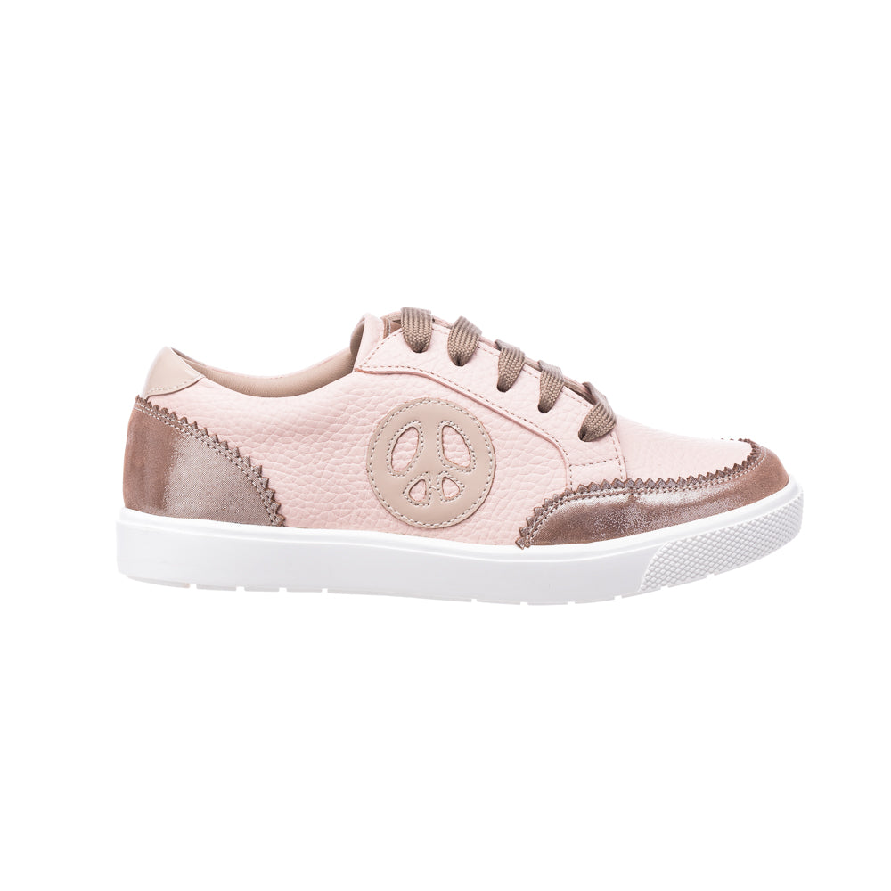 Pink textured girls' sneaker with metallic accents and peace sign patch on white sole.