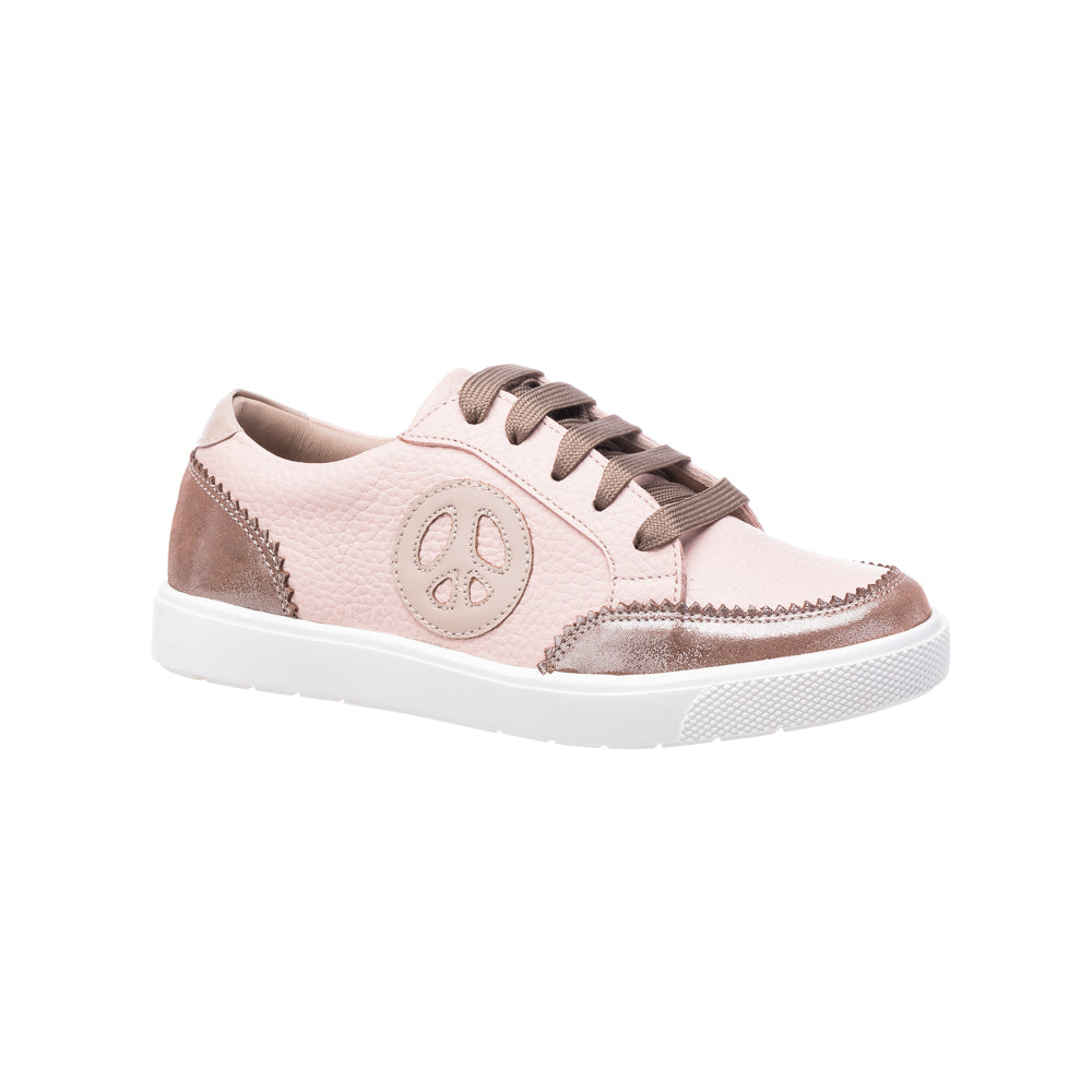 Pink textured kids sneaker with metallic rose gold accents and white sole.