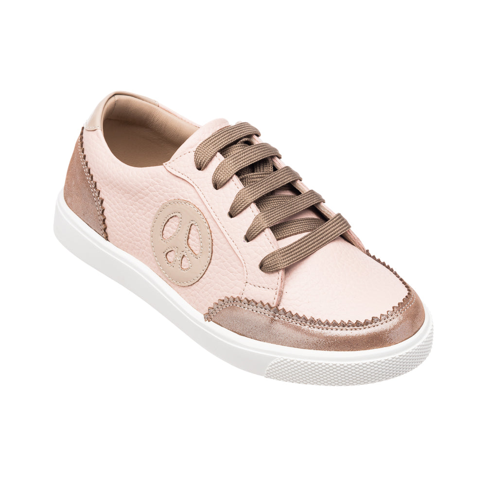 Pink textured girls sneaker with taupe accents and white sole, lace-up design.